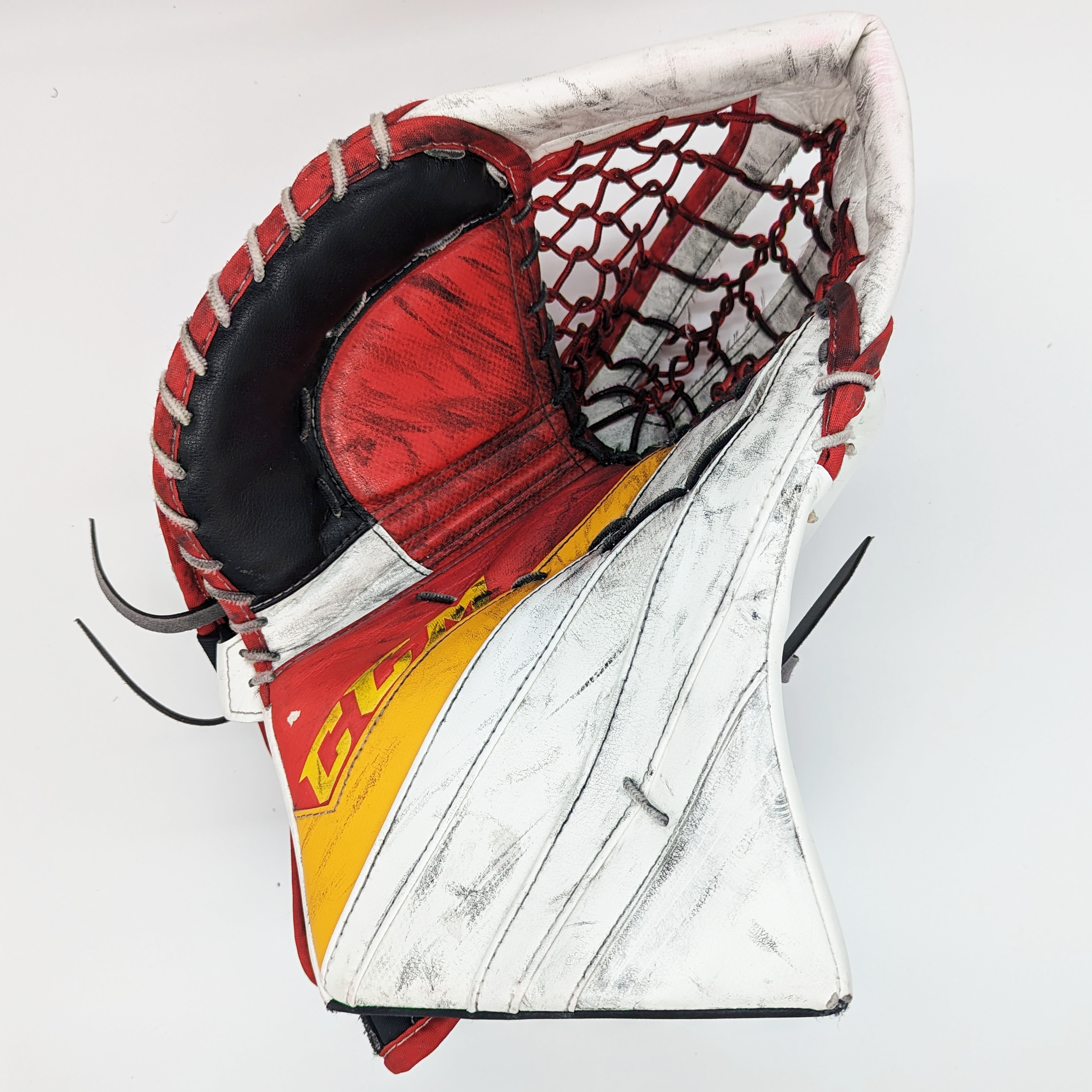 CCM Extreme Flex 5 - Gant de gardien droit Pro Stock d'occasion (blanc/rouge/jaune)